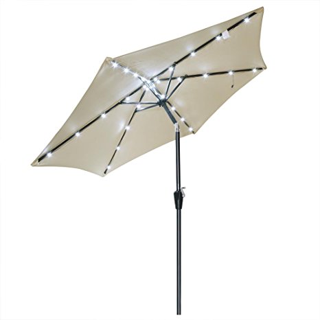 8ft Tilt Outdoor Patio Aluminum Umbrella w/ Solar LED Lights Beige