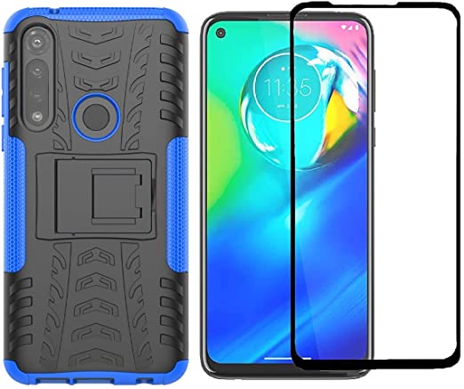 Yiakeng Motorola Moto G Power Case with Tempered Glass Screen Protector Shockproof Silicone Protective with Kickstand Hard Phone Cover for Moto G Power 2020 (Blue)