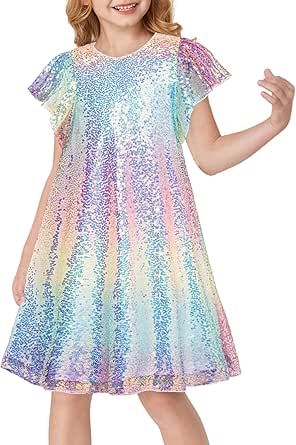 GRACE KARIN Girls Sequin Dress Short Flutter Sleeve Flare Silhouette Midi Dress with Hairbow 5-12Y