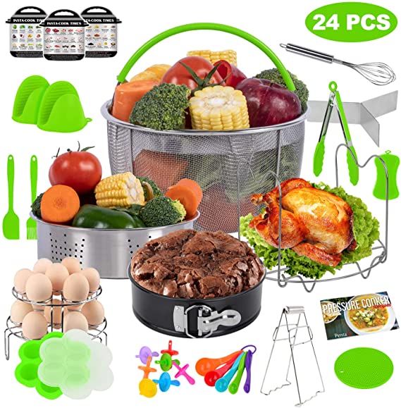 PentaQ 24 Pieces Instant Pot Accessories for 5/6/8 Quart, Pressure Cooker Accessories Set Green - Steamer Baskets, Egg Bites Mold, 7 Inch Springform Pan, Egg Rack, Magnetic Cheat Sheets