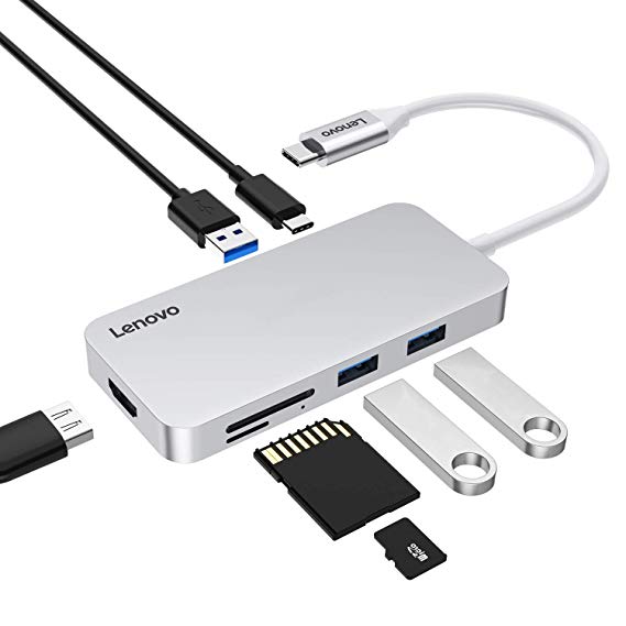 Lenovo USB C Hub, Type C Adapter with USB C Charging Port, 7 in 1 USB-C to HDMI Output, USB 3.0, SD & MicroSD Card Reader, Portable for MacBook Pro, Chromebook and More Type-C Devices