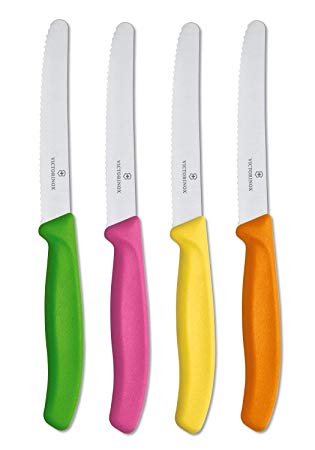 Victorinox 4.5 Inch Utility Knife Set | Razor Sharp Serrated Edge, Ergonomic Fibrox Pro Handle, Four (4) Pack, Multi Colored