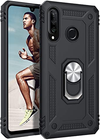 DUEDUE Huawei P30 Lite Case, Shockproof Military Grade Rugged Hybrid Hard PC Back Cover with Ring Kickstand and Magnetic Car Mount Shockproof Full Body Protective Armor Case for Huawei P30 Lite, Black