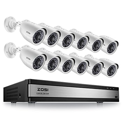 ZOSI 720p 16 Channel Security Camera System,16 Channel Hybrid HD-TVI 1080N DVR with (12) 1.0MP 720p(1280TVL) Night Vision Outdoor/Indoor Weatherproof Home Surveillance Cameras (No Hard Drive)