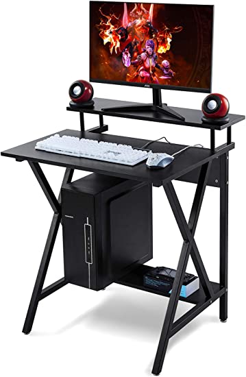 DEFWAY Small Gaming Computer Desk - Mini Computer Desk with Top Monitor Shelf, 30 Inch Gaming Desk for Small Spaces, Black