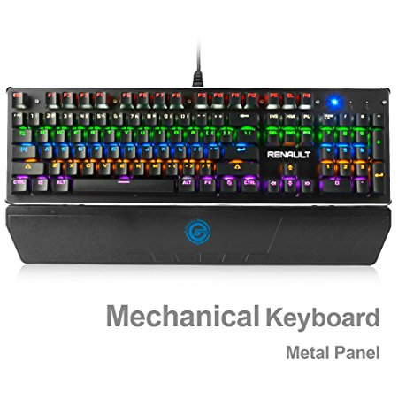 New USB Wired Backlit Mechanical Gaming Keyboard - Wrist Rest Included - Illuminated Colored LED - Clicky Blue Switch - Metal Panel for PC/Mac/Gamer/Office/Home