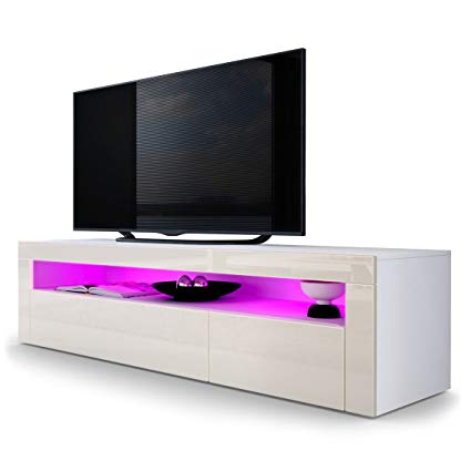 Vladon TV Stand Unit Valencia, Carcass in White matt/Front in Cream High Gloss a frame in Cream High Gloss