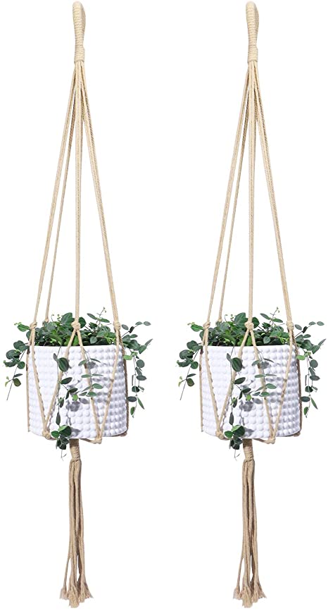 POTEY 620302 Macrame Plant Hangers - Indoor Outdoor Simple Design Hanging Planter, Handmade Cotton Hanging Plant Holders for Modern Home Decor, 6 Legs More Stable 40 inch 2-Pack,Brown