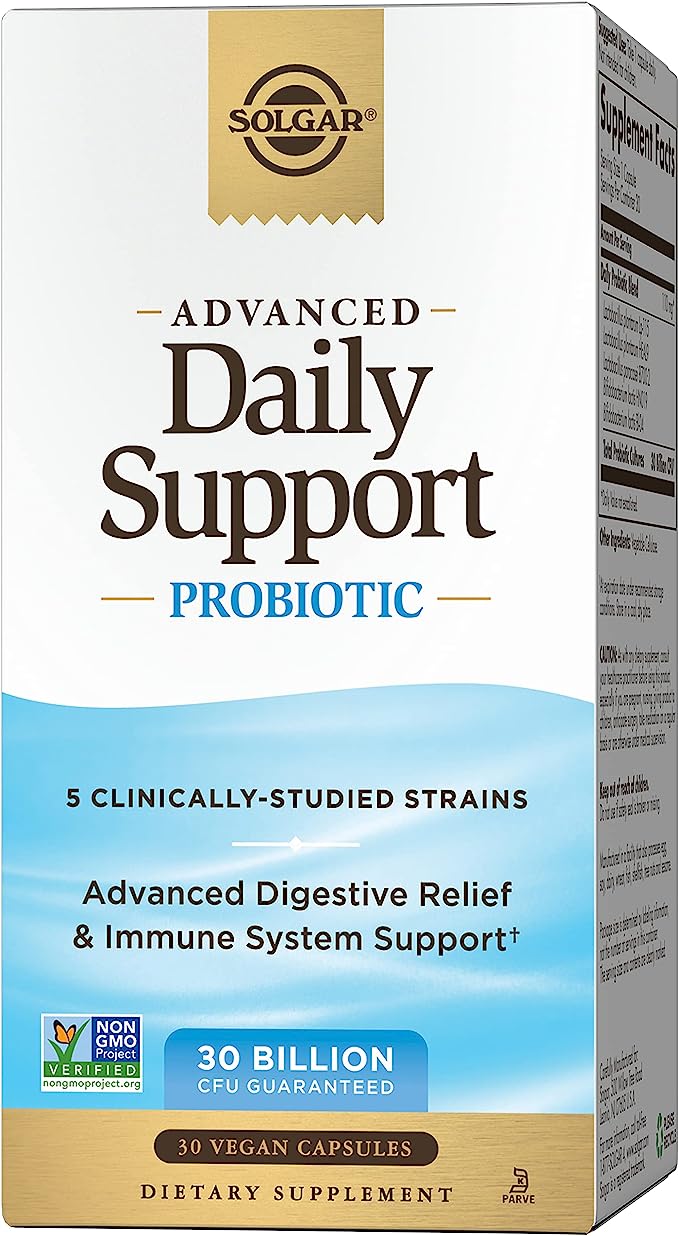 Solgar Advanced Daily Support Probiotic, 30 Vegan Capsules - 30 Billion CFU - 5 Clinically-Studied Strains - Advanced Digestive Relief & Immune System Support - Non-GMO & Vegan, 30 Servings