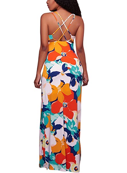 Dokotoo Womens Sleeveless Floral Print Crisscross Back Maxi Long Dress