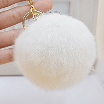 Farseeking 8cm Rabbit Fur Ball Pom Pom Keychain for Bag Charms with Golden Key Ring (White)