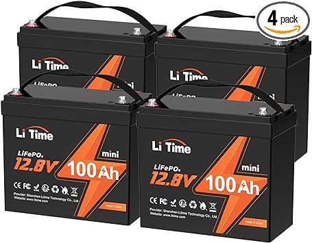 Litime 4 Pack 12V 100Ah Mini LiFePO4 Lithium Battery, Upgraded 100A BMS, 10-Year Lifespan with Up to 15000 Cycles, Max. 1280Wh Energy in Smaller Size, Perfect for RV, Solar, Trolling Motor