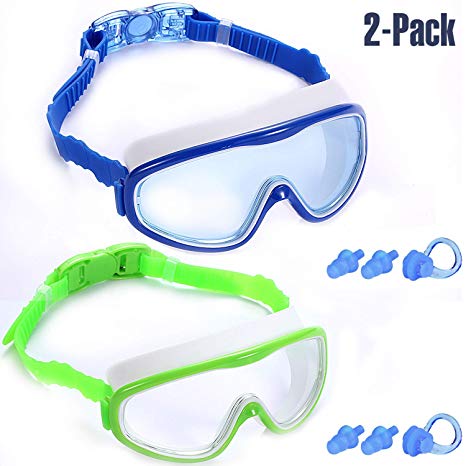 Yizerel 2 Pack Kids Swim Goggles, Swimming Glasses for Children and Early Teens from 3 to 15 Years Old, Wide Vision, Anti-Fog, Waterproof, UV Protection