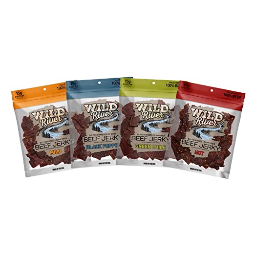 Wild River Beef Jerky Variety Pack, Old Fashioned Beef Jerky - Includes (4) 3.5oz bags: Mild, Black Pepper, Green Chile, Hot - Deliciously seasoned, Savory Meat Snack, Made with 100% Beef