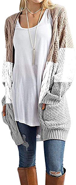 Ferbia Women Color Block Cardigan Open Front Long Sleeve Sweaters Chenille Chunky Loose Baggy Oversized Knit
