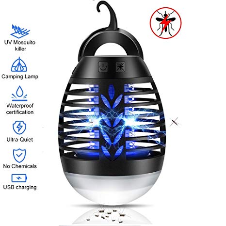 Mosquito Bug Zapper, Mosquito Killer Camping Lamp Electric 2 In 1 Waterproof UV Insect Zapper with Silica Gel Anti-Fall For Camping Outdoor Indoor with Rechargeable Battery Retractable Hook (black)