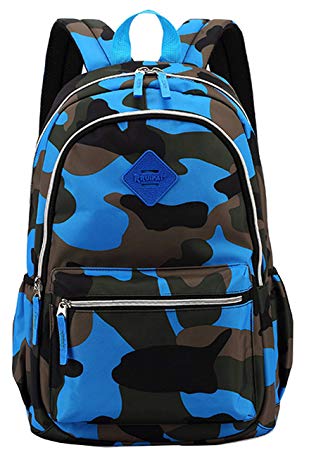 Fashion Boys and Girls School Backpack Camouflage Travel Sports Shoulder Bag (Blue)