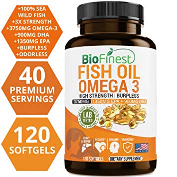 Biofinest Omega 3 Fish Oil Supplement - Burpless & Odorless - with 3750mg EPA 1350mg, DHA 900mg Natural Fatty Acids From Deep Sea -Joint Support, Heart Health, Brain, Eyes, Skin (120 softgels capsule)