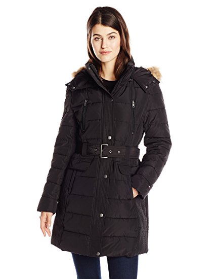 Tommy Hilfiger Women's Down Coat with Faux Fur-Trim Hood and Striped Belt