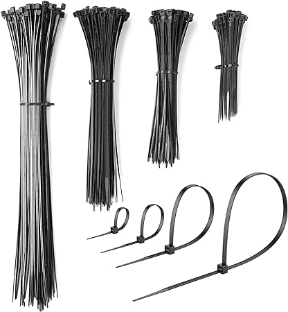 4", 6", 8", 12" Black Cable Zip Ties Assortment (200 Pack, 50 Each Size) - 40lbs Tensile Strength - Self-Locking Premium Nylon Cable Wire Ties for Indoor and Outdoor by Bolt Dropper