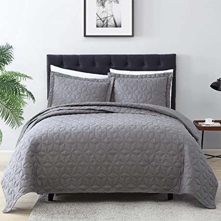 EXQ Home Quilt Set Full/Queen Size Grey 3 Piece,Lightweight Hypoallergenic Microfiber Coverlet Modern Style Diamond Pattern Bedspread Set