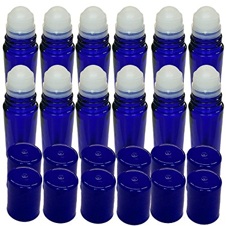 12 Pack of Roll On Empty Glass Bottles for Essential Oils - Refillable Roller Color Roll On - Bulk - 30 ml 1 oz Pack of 12 - Blue Color