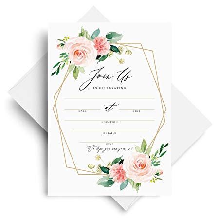 Bliss Collections Join Us Invitations with Envelopes, Bridal Shower Invites, Baby Shower, Birthday, Wedding, Baptism, Geometric Blush Floral, Coral & Greenery Watercolor fill-in style invites, 25 Pack