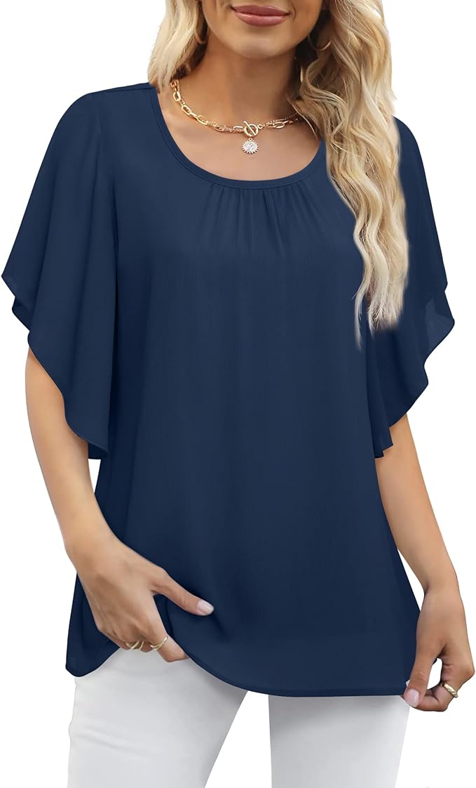 Lotusmile Women's Ruffle Sleeve Flowing Shirt Chiffon Blouse Casual Dressy Tops