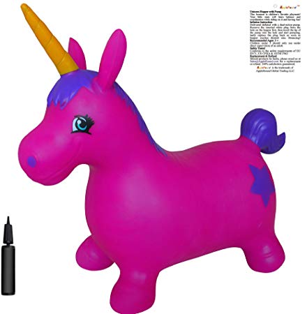 AppleRound Unicorn Bouncer with Hand Pump, Inflatable Space Hopper, Ride-on Bouncy Animal (Purple)