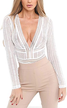 Angashion Women's Sexy Lace Sheer Long Sleeve V Neck Backless Bodysuit Jumpsuit Clubwear Tops