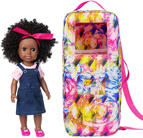 Ecore Fun 14.5 inch Black Doll Travel Sets Black Doll   Doll Travel Case Suitcase Storage Bag Carry Bag with Multi-Pocket for 14.5 Inch Girl Doll-Best Gift for Your Childs