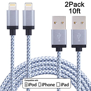 Sundix 2 Pack 10FT Extra Long Lightning Cable Nylon Braided USB Charging Cable Cord Compatible with iPhone 7/ 7 Plus/ 6/ 6 Plus/ 6s/ 6s Plus/ 5/ 5s/ 5c/ SE/ iPad /iPod