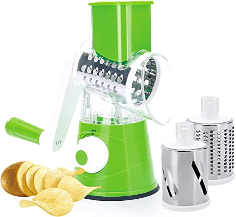 HSD Vegetable Chopper, Multi-Function Shredder Hand Roll Rotary Cutter Grated Cheese Tool with 3 Stainless Steel Rotary Blades for Grinding,Cutting Silk, Slicing (Green)