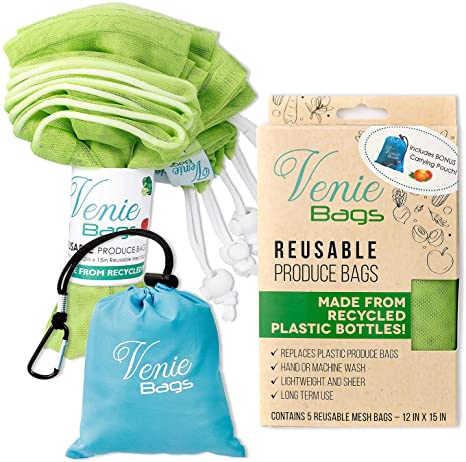 Venie Eco Friendly Reusable Produce Bags - Made From Recycled Plastic Bottles – Set of 5 Bags w/ Bonus rPET Carrying Pouch