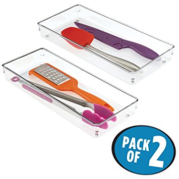 mDesign Kitchen Drawer Organizer for Silverware, Spatulas, Gadgets - Pack of 2, 6" x 15" x 2", Clear