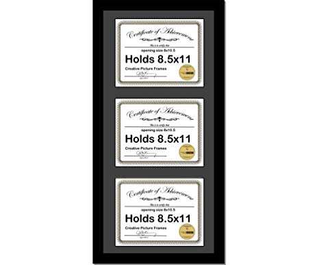 CreativePF [14x30bk-b] Black Vertical 8x5x11 Triple Diploma Frame with 3 Opening Black Mat, Holds 3 8.5x11 inch Documents with Wall Hanger