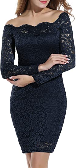 ACEVOG Women Off Shoulder Floral Lace Party Dress