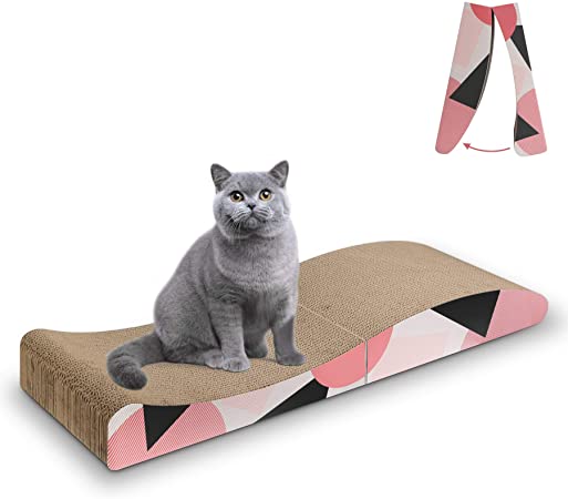 MSBC Cat Scratcher Carboard Pad Long Curved Foldable 34"x10", Wide Kitty Cat Scratching Pad Recycle Corrugate Scratcher Cat Scratch Lounge Long Lasting Reversible