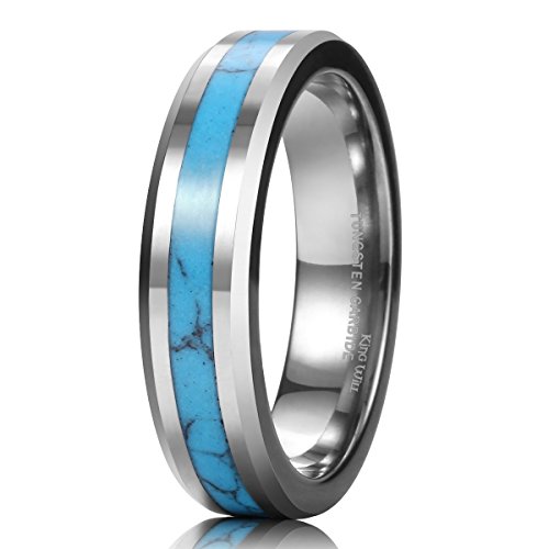 King Will Men Women Tungsten Carbide Ring Blue Turquoise Inlay Polish Beveled Edge Wedding Band