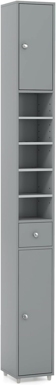 COSTWAY Slim Bathroom Tall Cabinet, Freestanding Storage Cupboard with 2 Doors, 1 Drawer & Adjustable Shelves, Wooden High Floor Cabinet Unit for Bathroom Living Room Kitchen, 20x20x180cm (Grey)