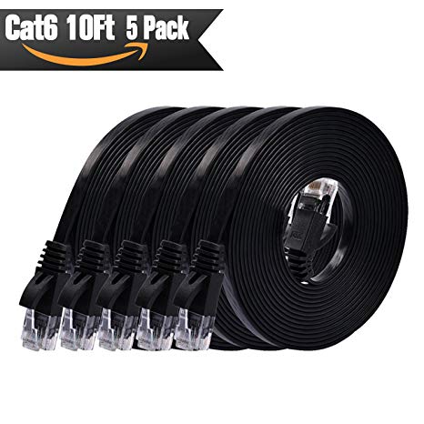 Cat 6 Ethernet Cable 10ft 5Pack (At a Cat5e Price but Higher Bandwidth) Cat6 Internet Network Cables - Flat Ethernet Patch Cable Short - 10 ft Computer Cable Black