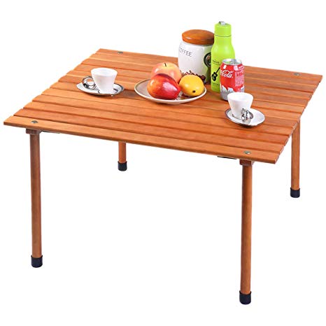 COSTWAY Picnic Folding Table Wood Roll Up Outdoor Camping Beach Dining Use Low Portable Table with Carrying Bag