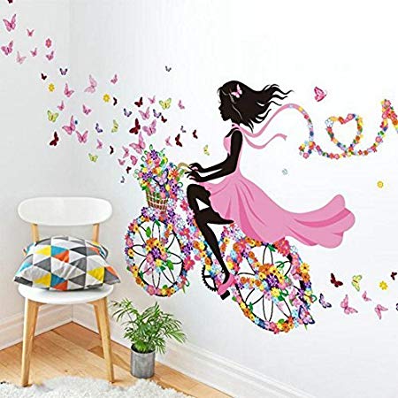 Sotijobs Nature Series SN049 Flower Butterfly Girl on Bicycle Removable Vinyl DIY Wall Art Mural Sticker Decal Decor for Living Room/Bedroom 28"H X 55"W