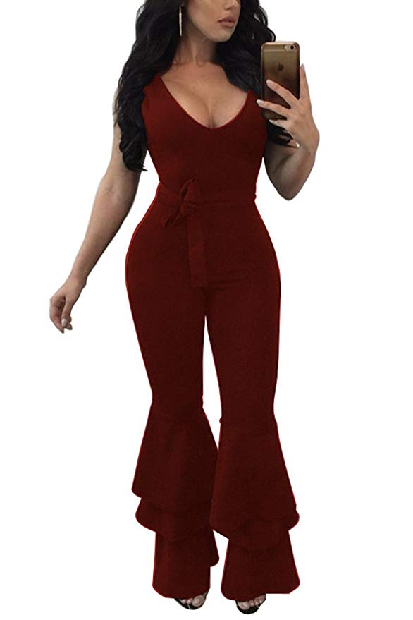 ZestwayWomen's Sexy Flare Bell Bottom Pants Belted Bodycon One Piece Jumpsuit Rompers with Belt