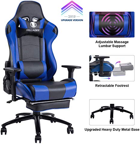 KILLABEE Massage Gaming Chair Racing Office Chair - Adjustable Massage Lumbar Cushion, Retractable Footrest and Arms High Back Ergonomic Leather Computer Desk Swivel PC Chair with Metal Base, Blue