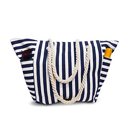 Beach Bag Canvas Tote With Waterproof Inside Lining - Outside Pockets for Bottles from Moskus Gear - Striped Pool Tote & Bonus item