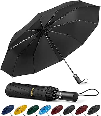 TechRise Umbrella Windproof Travel Umbrella: 10 Ribs Automatic Compact Strong Wind Proof Umbrella, One Button Auto Open Close Wind Resistant Folding Lightweight Portable Umbrella for Men Women