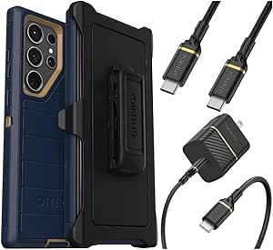 OtterBox Galaxy S23 Ultra (Only) Bundle: - Defender Series Case - Blue Suede Shoes - Holster Clip Included - Microbial Defense Protection - USB-C to USB-C Wall Charging Kit, 20W.