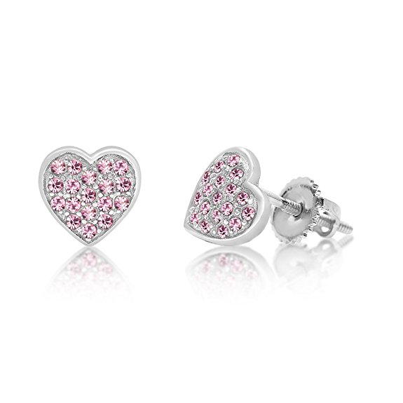 Premium Pink Heart Screwback Kids Baby Girl Earrings With Swarovski Elements By Chanteur – 925 Sterling, White Gold Tone – Perfect Gift For Children