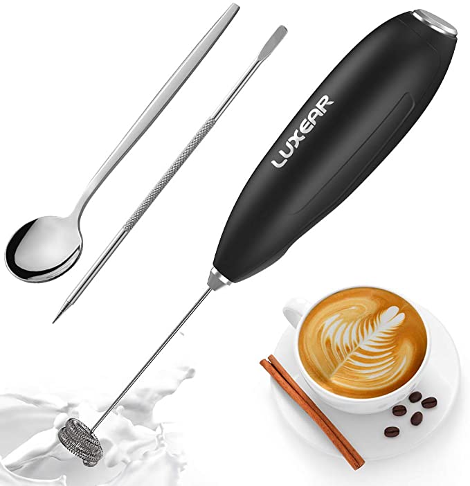 LUXEAR One Touch Milk Frother Handheld, Battery Operated Electric Hand Foamer Blender for Lattes, Whisk Drink Mixer for Coffee, Cappuccino, Frappe, Hot Chocolate with Stainless Steel Stand - Black